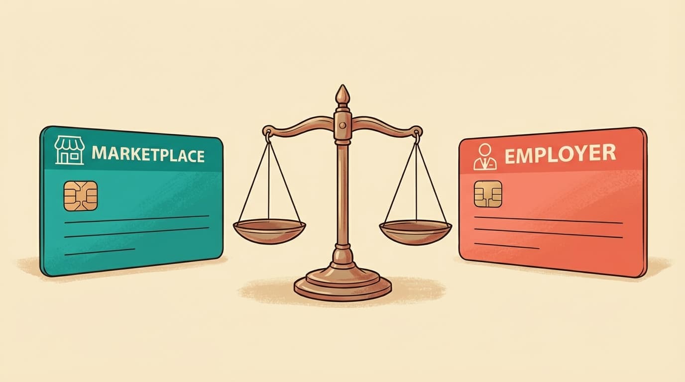 A balance scale weighing an employer building against a marketplace plan card