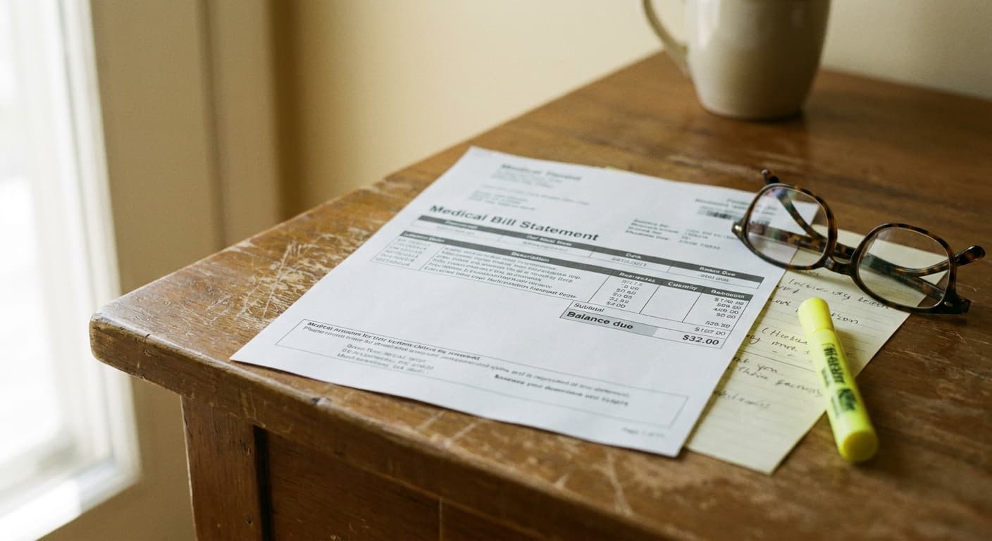 A medical bill and EOB statement with key sections highlighted