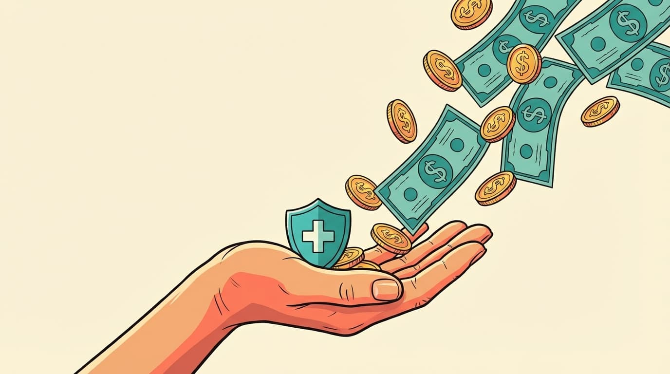 Illustration of a hand receiving coins and bills with a health shield