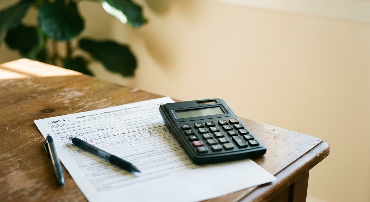 Tax documents and health insurance forms on a desk