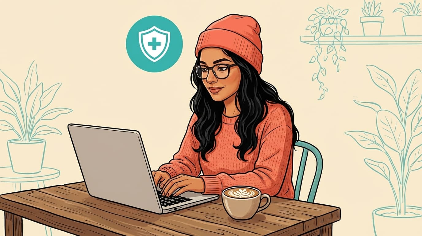 Freelancer working at a coffee shop with a health shield icon above