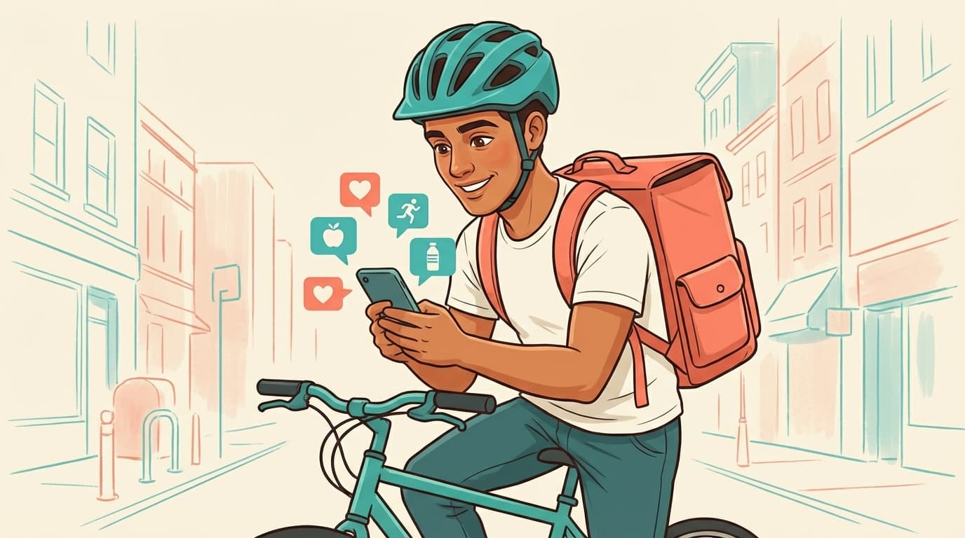 Delivery driver on a bicycle checking a phone with health plan cards floating nearby