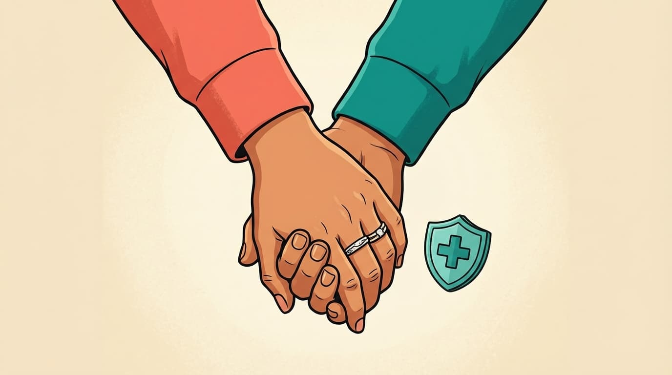 Wedding rings beside a health insurance card on a soft background