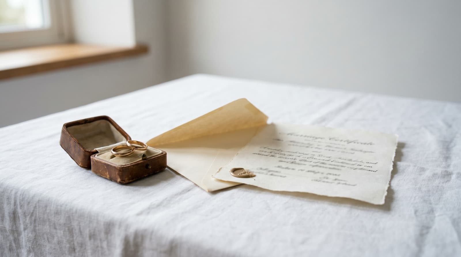 Wedding rings beside a health insurance card on a soft background