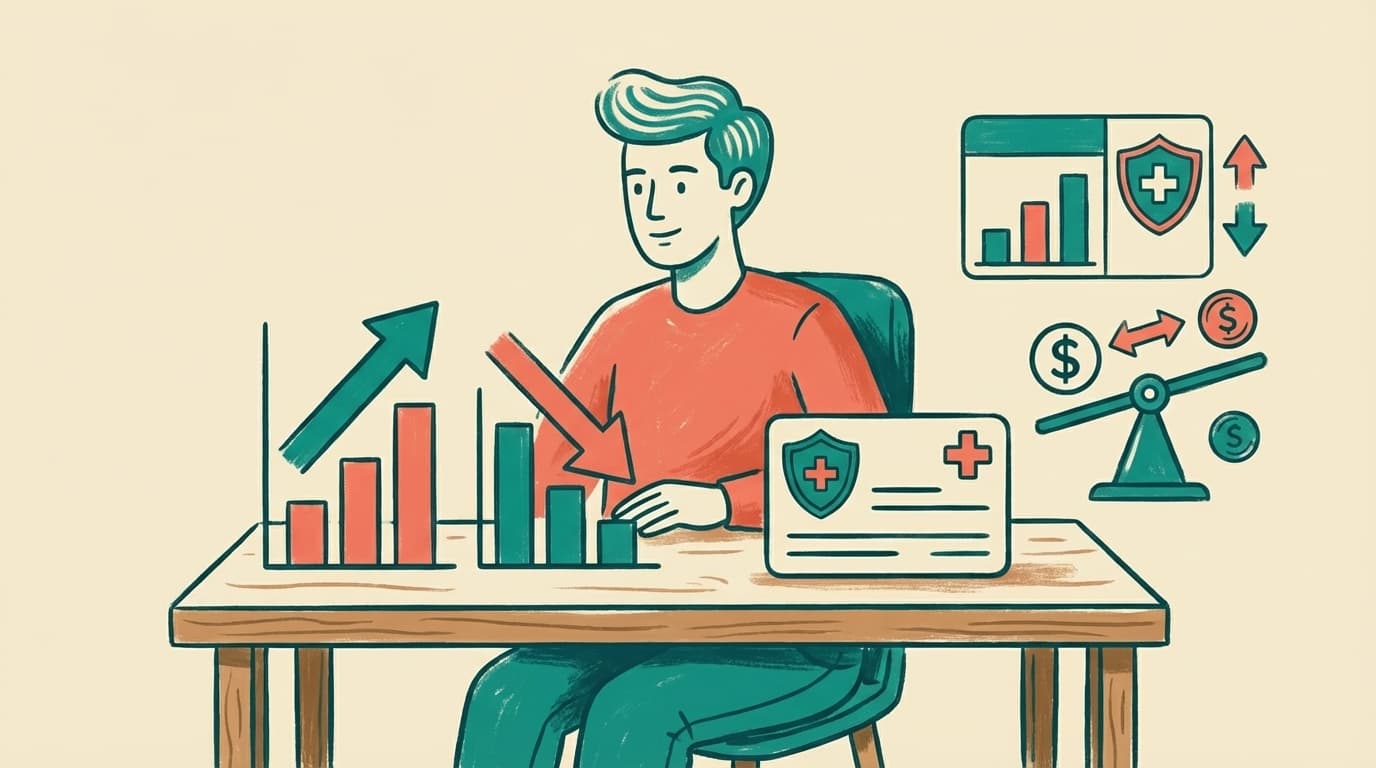 Person reviewing financial documents with insurance plan options on a desk