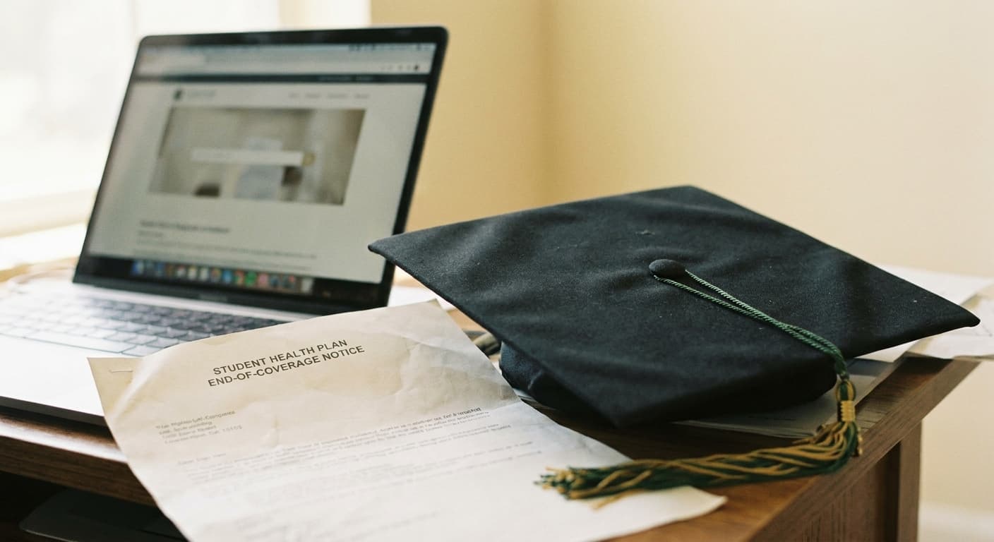 Recent graduate holding a diploma and looking at health insurance options on a laptop