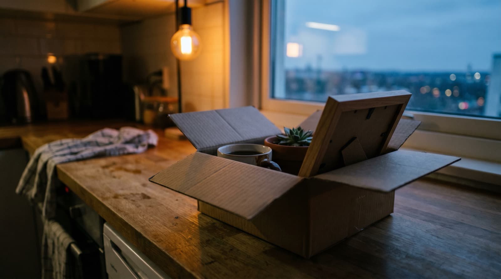 Person at a desk with a box, looking hopeful, with a health shield icon