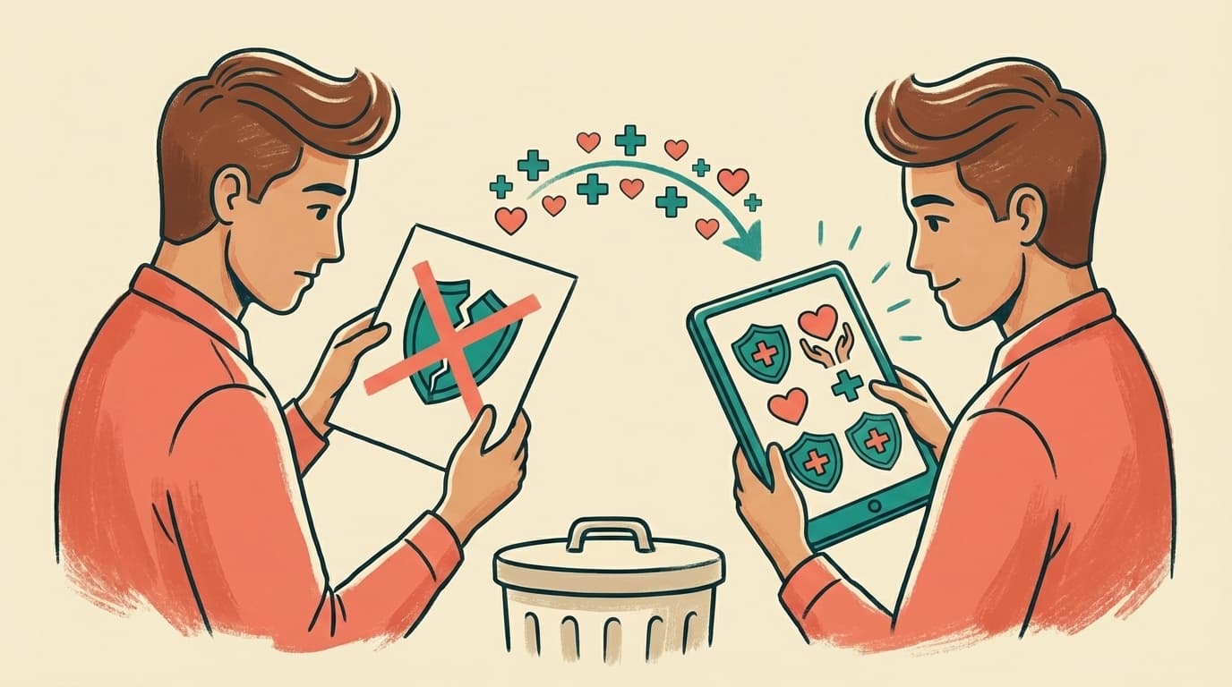 Insurance cancellation notice with a person comparing new plan options on a laptop