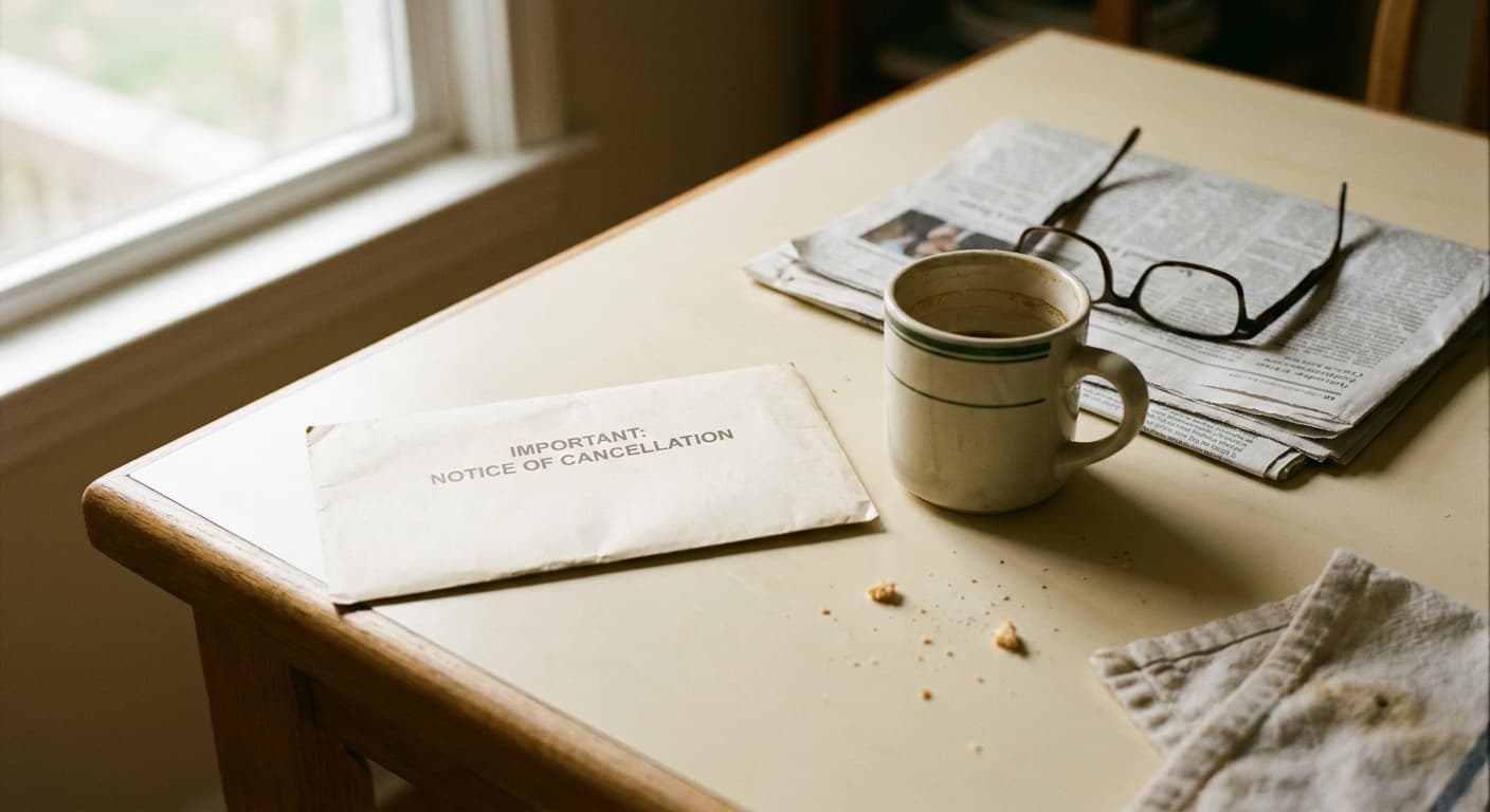 Insurance cancellation notice with a person comparing new plan options on a laptop