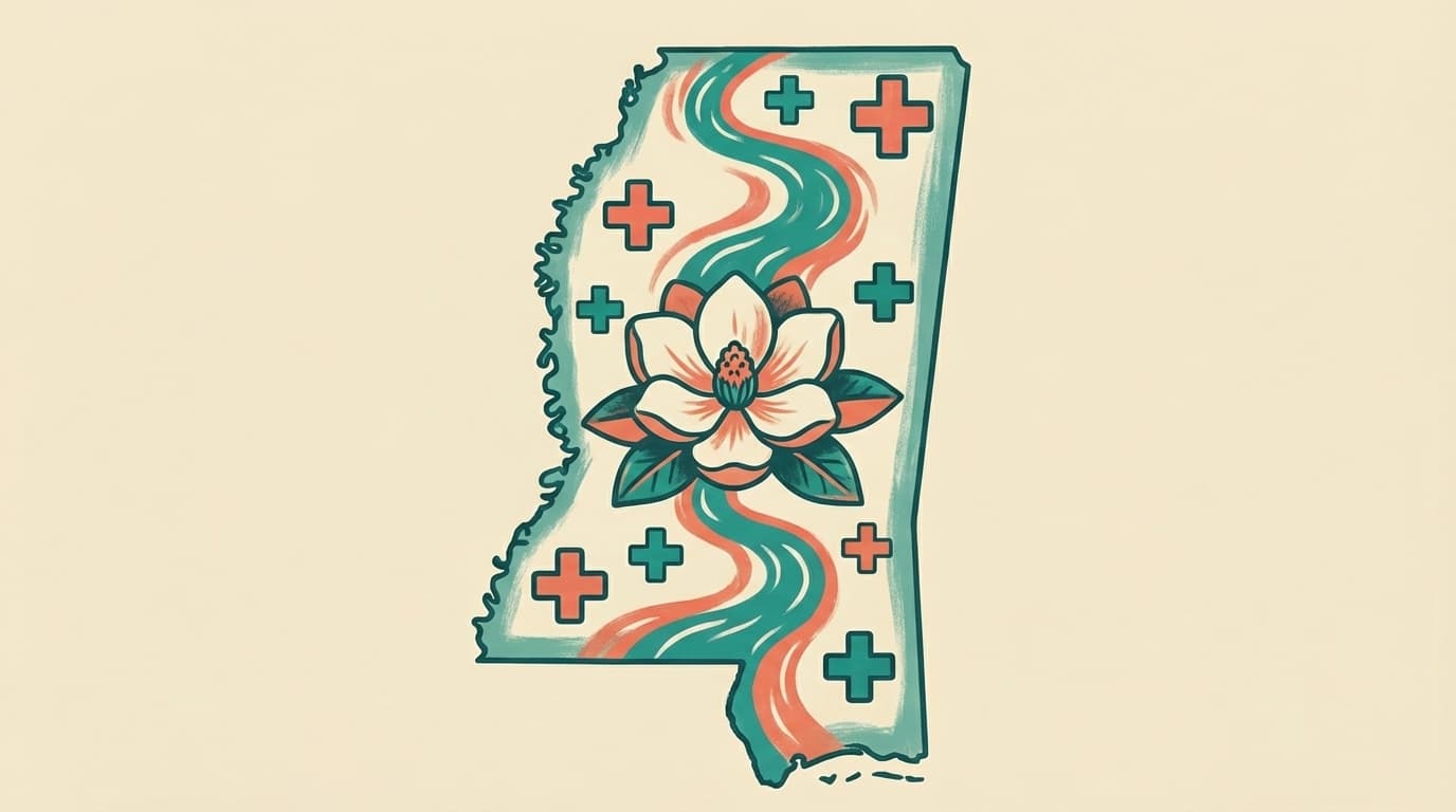Mississippi state outline with health icons